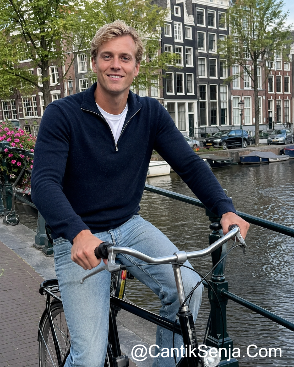 Pria Belanda pirang bermata biru naik sepeda di Amsterdam