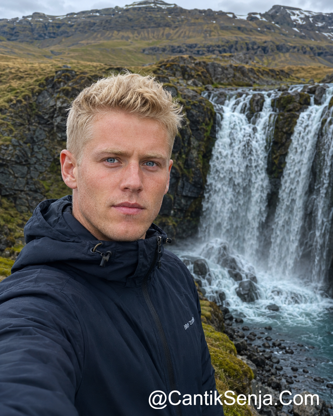 Pria Islandia pirang bermata biru di air terjun Islandia