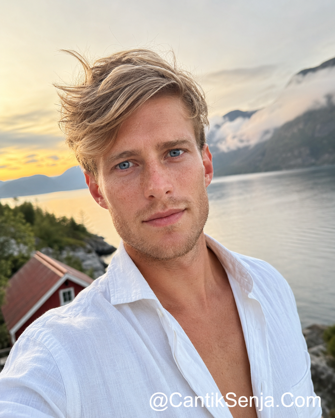 Pria Skandinavia pirang bermata biru di fjord Nordik