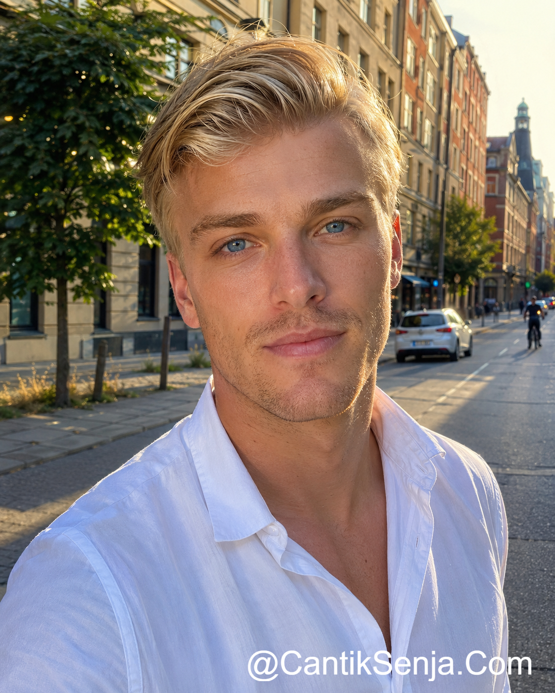 Pria Swedia pirang bermata biru di jalan Stockholm